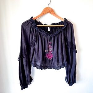 Free People Embroidered Lacey Off Shoulder Whimsigoth Long Sleeve Crop Top S